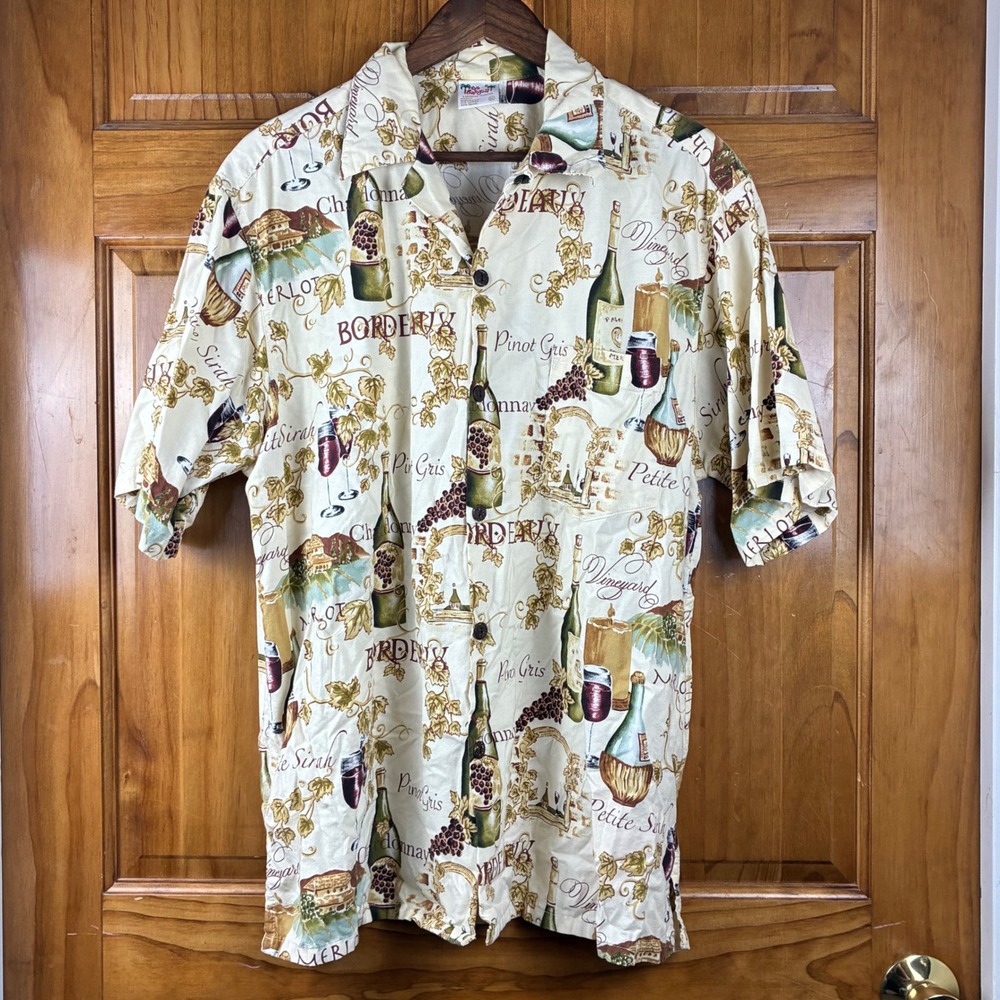 Go Barefoot Mens XL Wine Print Hawaiian Shirt Cream Vineyard Vineyard Coastal